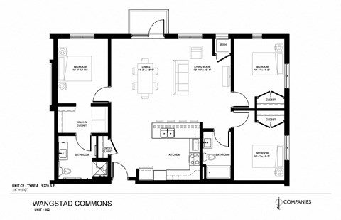 Floor plan for 3 beds, 2 baths, 1270 sqft